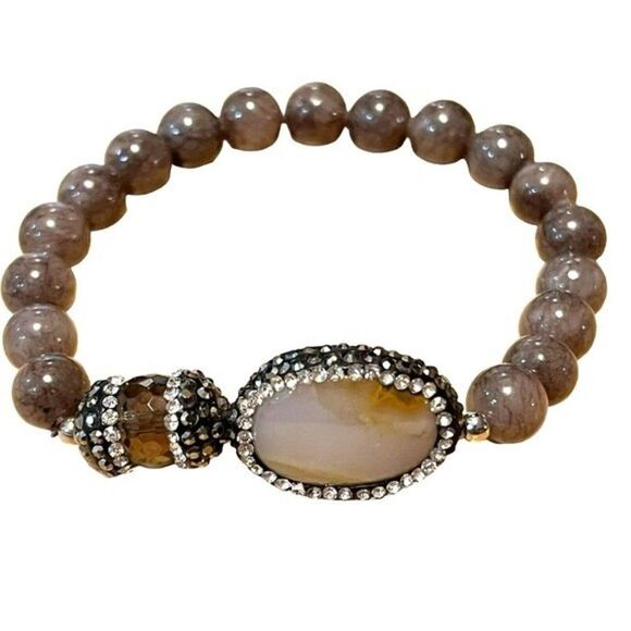 Costume Grey Agate Beaded Bracelet Stretchable w/ Crystal Capped Grey Stones - Picture 2 of 5